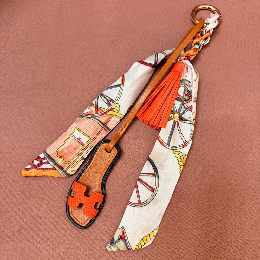 Handmade orange Bag charms Miniature sandals tassel twilly 3in1 accessories